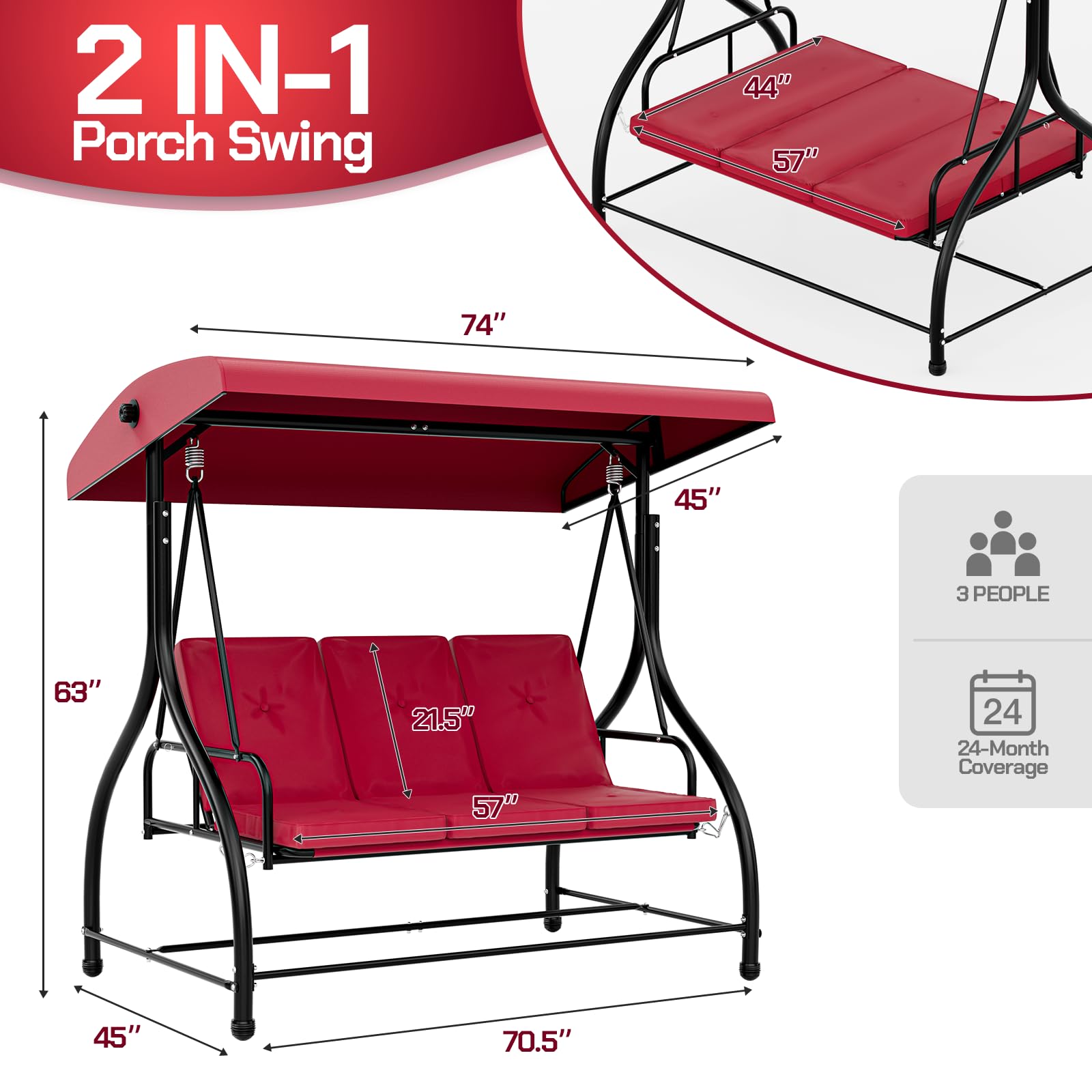 UEAKPIC 3 Person Outdoor Porch Swing with Adjustable Canopy, Patio Swings with Stand,2 in 1 Swing Bed for Adult,Thicken Cushions, Hanging Glider Porch Bench for Garden, Outside, Backyard - Burgundy