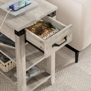 IDEALHOUSE End Table with USB Ports and Outlets, Flip Top Side Table Narrow Bedside Table with Drawer and Storage Shelves for Living Room, Rustic Grey