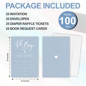 Oh Boy! Baby Shower Invitation Kit, Included Invites With Envelopes, Diaper Raffle Tickets(25 Pcs Each), Book Request Cards For Baby Announcement, Gender Reveal Party Favor And Supplies-A04