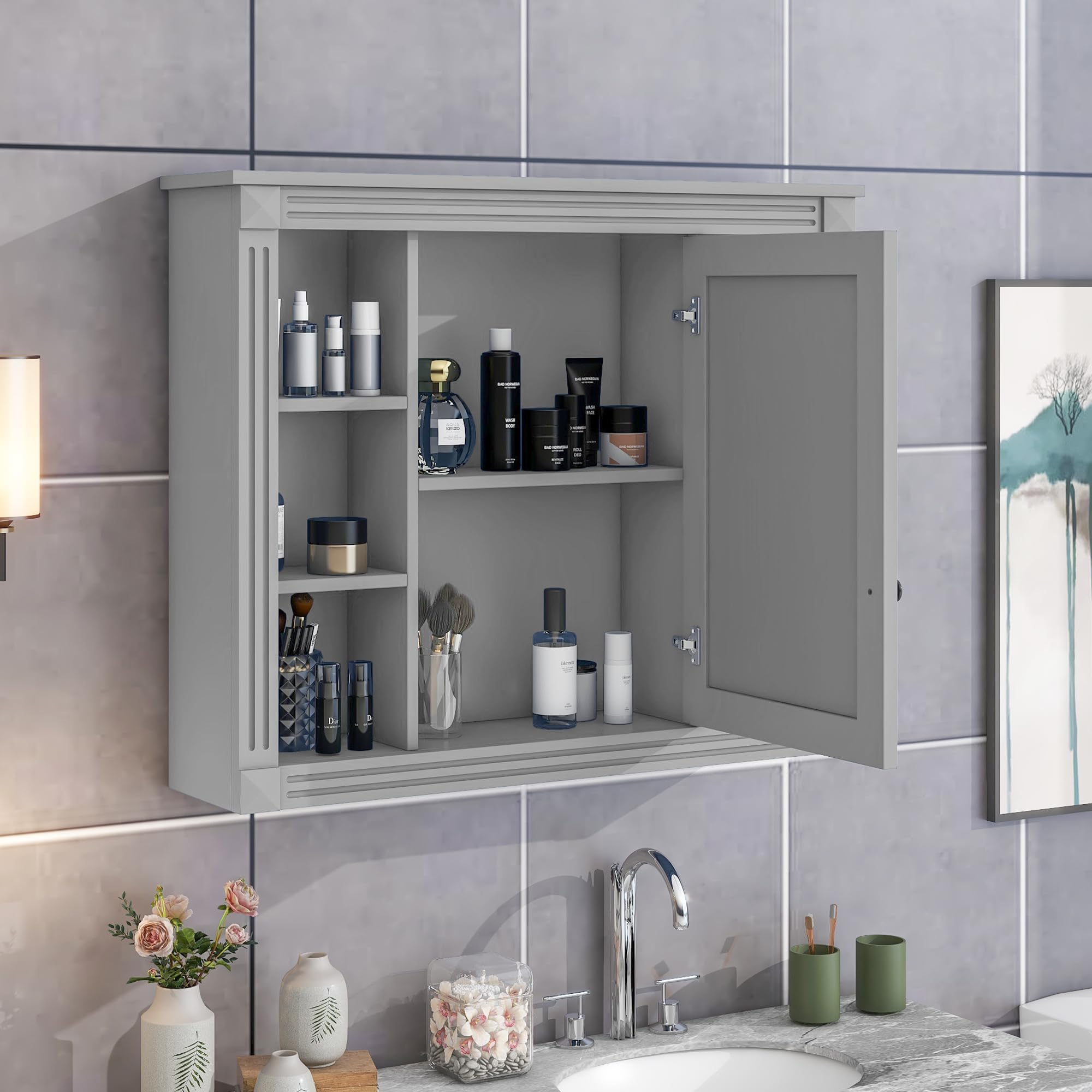 Linique 35" x 28" Wall Mounted Bathroom Storage Cabinet with Mirror,Modern Bathroom Wall Mirror Cabinet with 6 Open Shelves,Not Include Bathroom Vanity,Grey