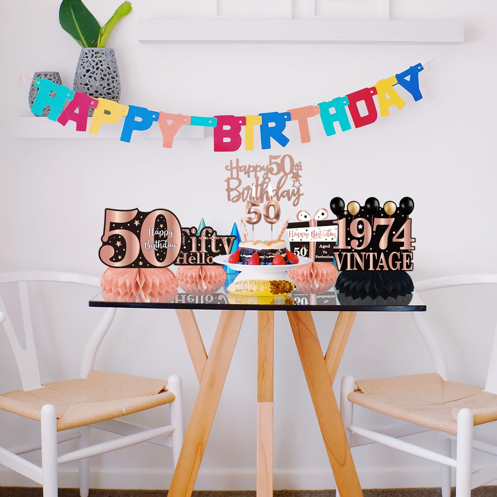 12Pcs 50th Birthday Party Decorations, 1974 Rose Gold Table Centerpieces, Cake Topper and Candles Set 50th Birthday Decorations for Women