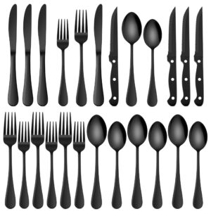 haware 24-piece black silverware set with steak knives, stainless steel cutlery set, food grade flatware set service for 4, mirror finished tableware for home restaurant, include knives, forks, spoons