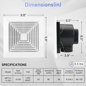 Fanspex Bathroom Ceiling Exhaust Fan, Household Bath Vent Ventilation Fan with 0.95 Sones Quiet Operation, 90 CFM, 4-in Duct, 25W Energy-Saving, 9.8"x9.8" (Installation Size 8.2"x8.2")