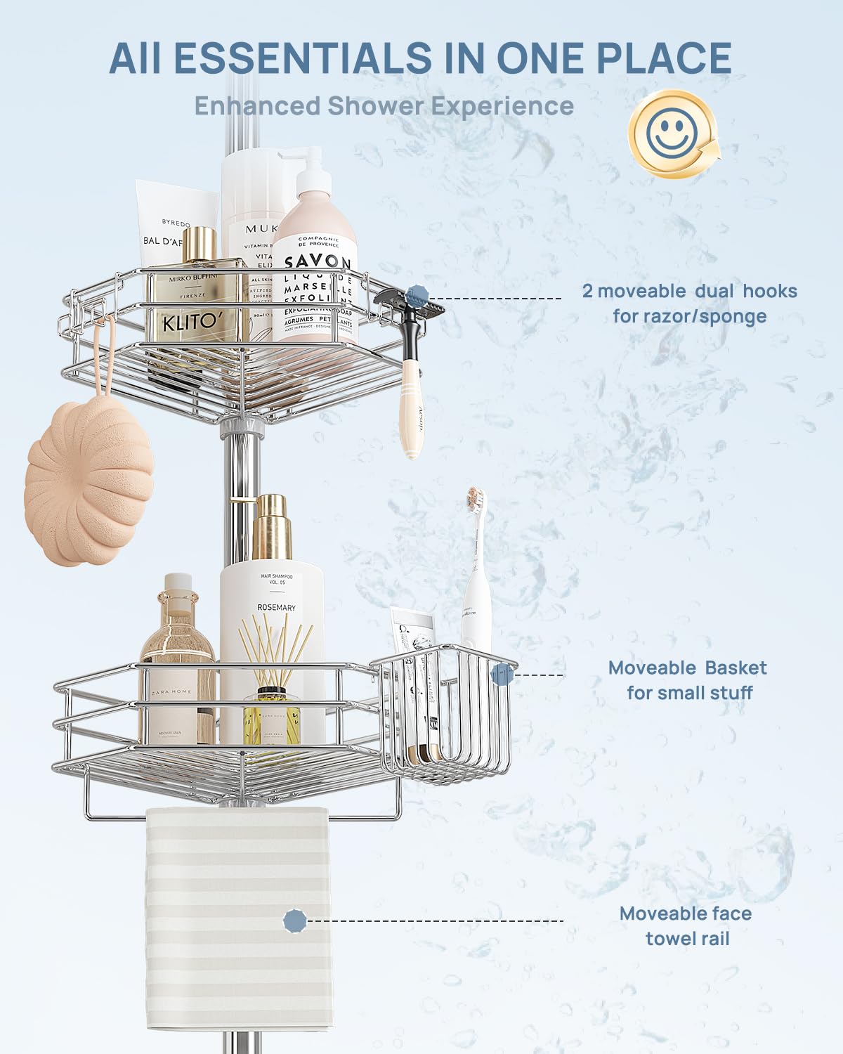 SEIRIONE Corner Shower Caddy Tension Pole, Adjustable Shower Organizer Corner with 4 Shelves, No Drilling Shower Shelf for Inside Shower, Shower Rack for Shower Storage,39.2 to 113 Inch Height, Silver