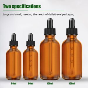 Othmro 2oz+3.4oz Glass Dropper Bottle, 60ml, 100ml Amber Glass Tincture Bottles with 1 Stainless Steel Funnels, Leakproof Essential Oils Bottle for Storage and Travel, Set of 4