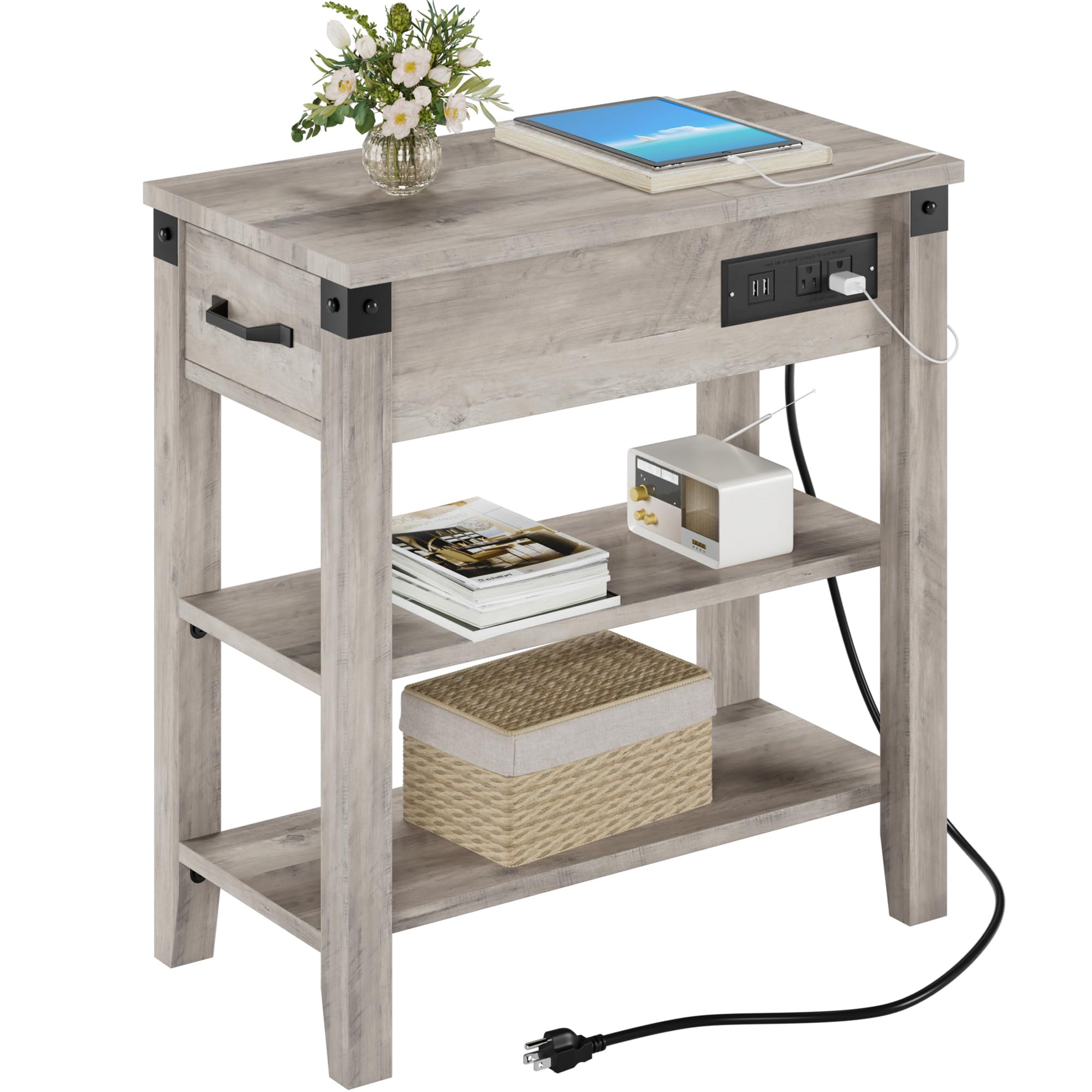 IDEALHOUSE End Table with USB Ports and Outlets, Flip Top Side Table Narrow Bedside Table with Drawer and Storage Shelves for Living Room, Rustic Grey