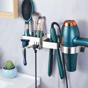 hair dryer holder wall mounted, hair tool organizer, stainless steel blow dryer holder for bathroom, adhesive hair straightener holder curling iron holder with plug hook & storage compartment