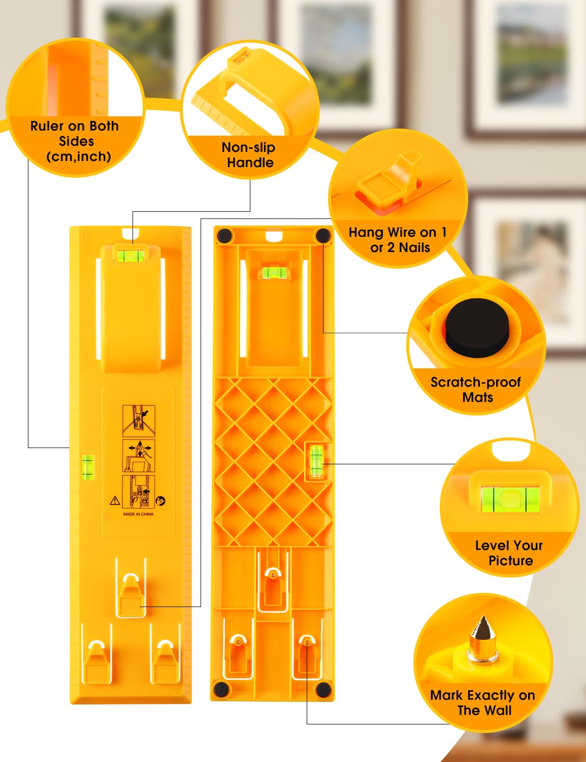 Stalishare Goodsnova Picture Hanging Tool with Level and Position Nail, Instaframe Kit Quick Hang and Level, Easy Picture Hanger Helper for Wall Frame/ Art/ Painting/ Photo/ Poster (Plastic, Yellow)