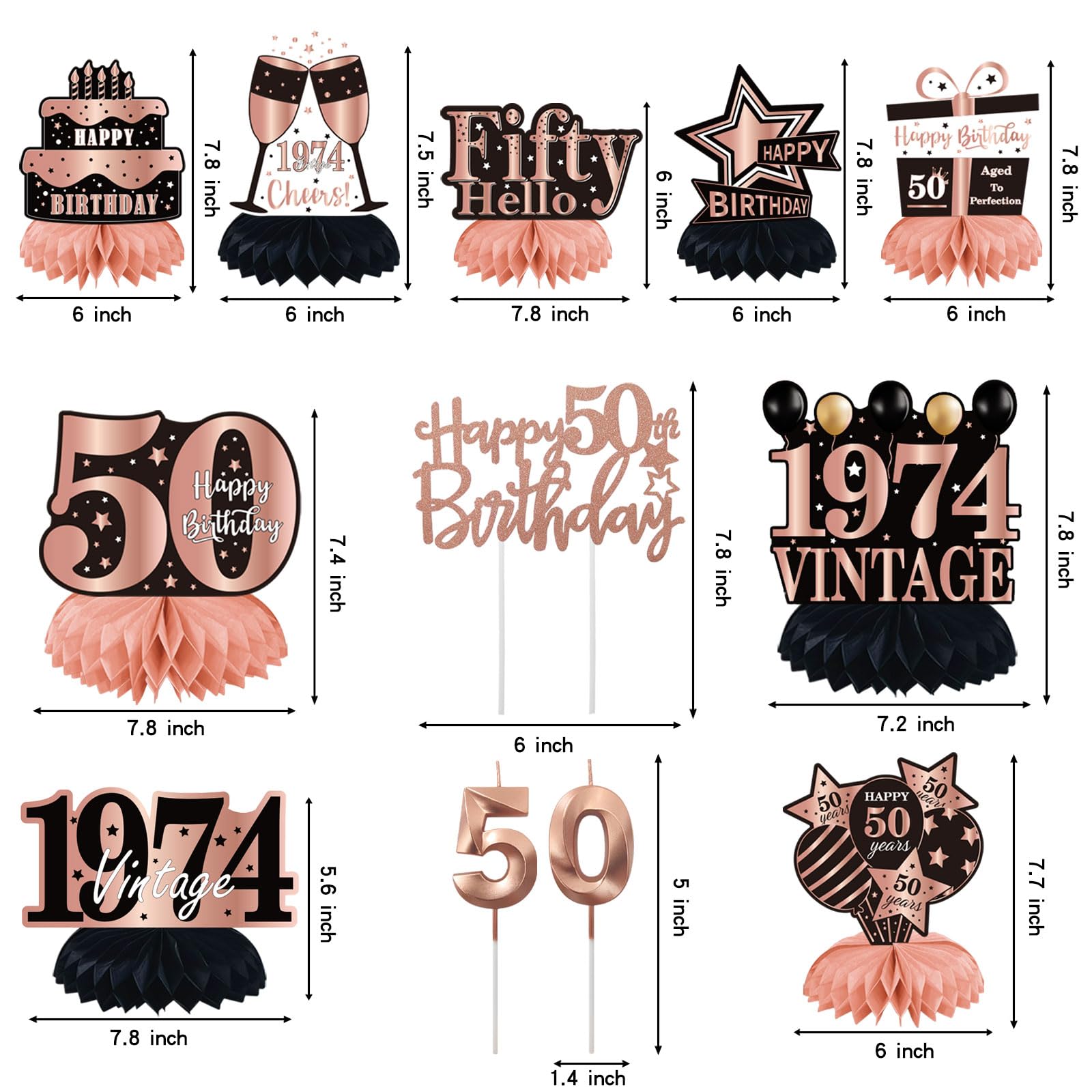 12Pcs 50th Birthday Party Decorations, 1974 Rose Gold Table Centerpieces, Cake Topper and Candles Set 50th Birthday Decorations for Women