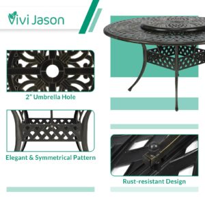 VIVIJASON 9-Piece Outdoor Furniture Dining Set, Rust-Free Cast Aluminum Patio Conversation Set, Include 8 Swivel Dining Chairs & 61" Round Dining Table with 31" Lazy Susan, Umbrella Hole, Red