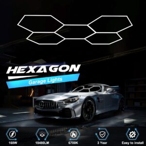 FERUERW Hexagon Garage Lights, High Brightness 168W 18480 Lumens Honeycomb Hexagon Led Garage Light 5 Grid for Garage, Auto Beauty Shop, Car Detailing Shop, Workshop