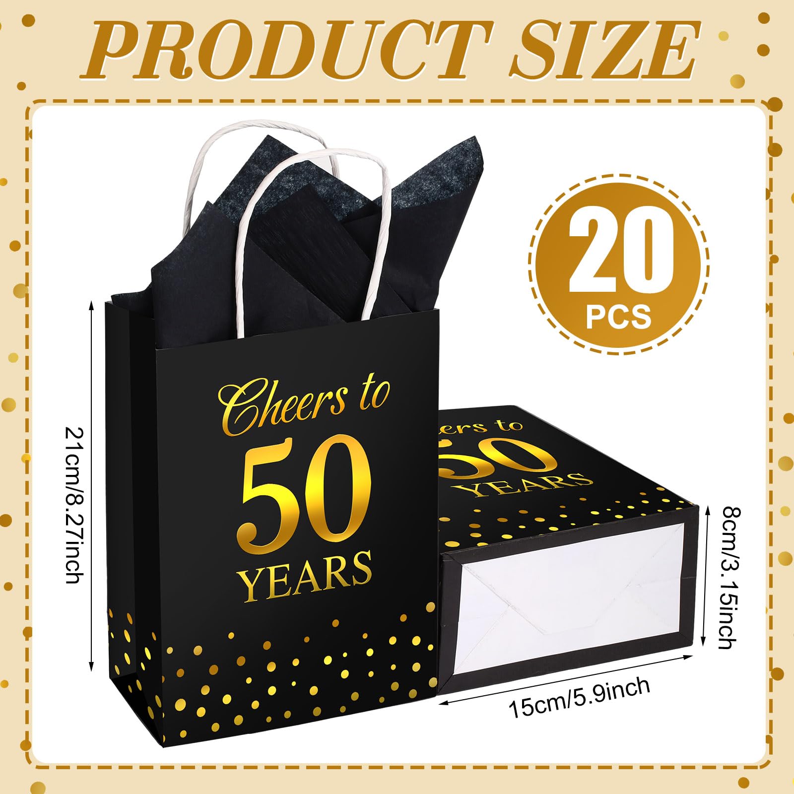 Resholder 20 Pack Cheers to 50 Years Gift Bags with Handle 50th Birthday Gift Bag Party Favors with Tissue Paper Black and Gold Paper Goodie Treat Bag Presents Birthday Anniversary Wedding Supplies