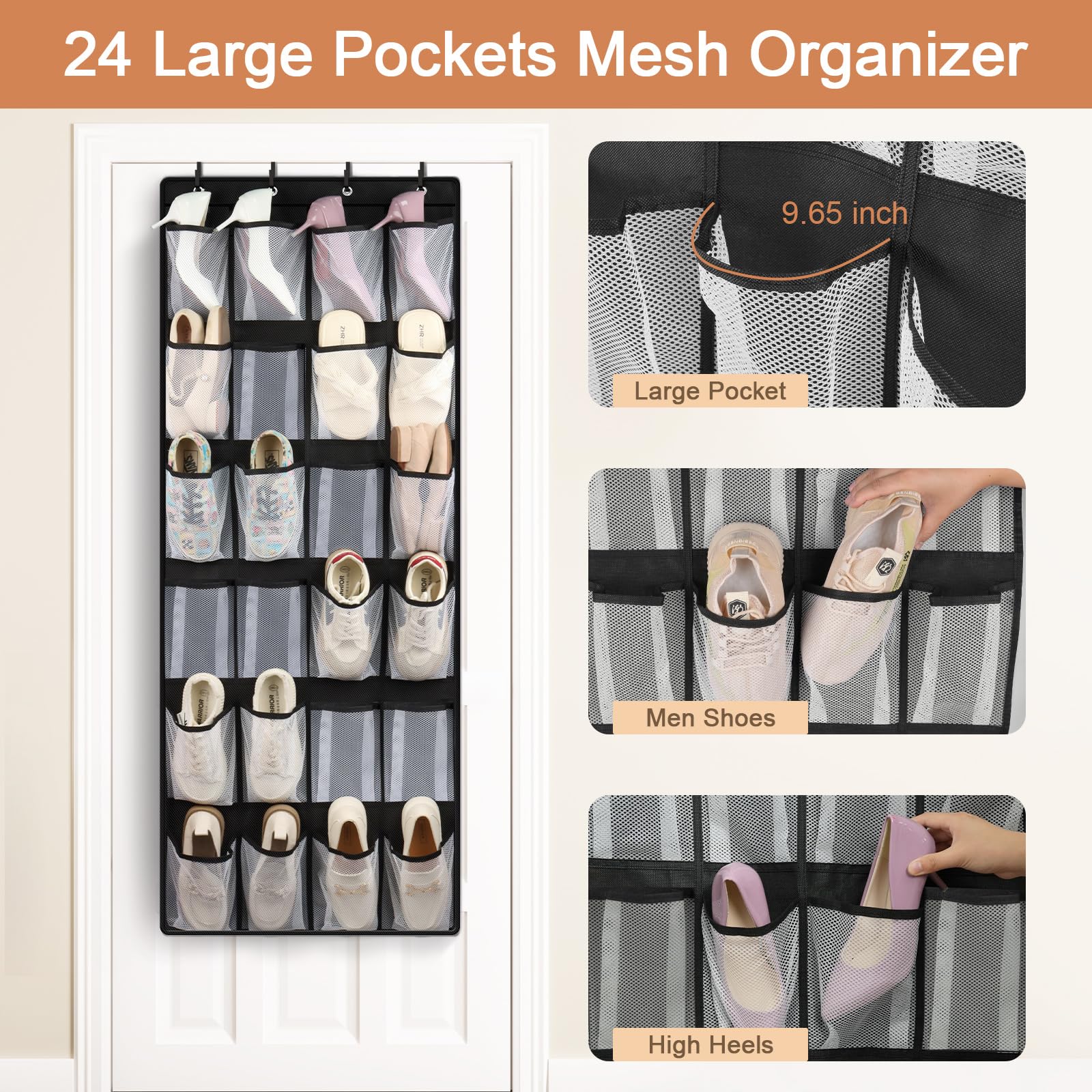 FENTEC 2 Pack Large Over The Door Shoe Organizer, 24 Pockets Mesh Hanging Shoe Organizers, Shoe Rack for Closet Mesh Closet Shoe Holder, Over Door Organizer, Shoe Organizer for Wall, Black