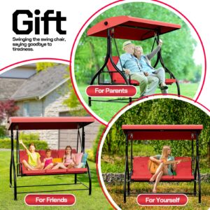 UEAKPIC 3 Person Outdoor Porch Swing with Adjustable Canopy, Patio Swings with Stand,2 in 1 Swing Bed for Adult,Thicken Cushions, Hanging Glider Porch Bench for Garden, Outside, Backyard - Burgundy