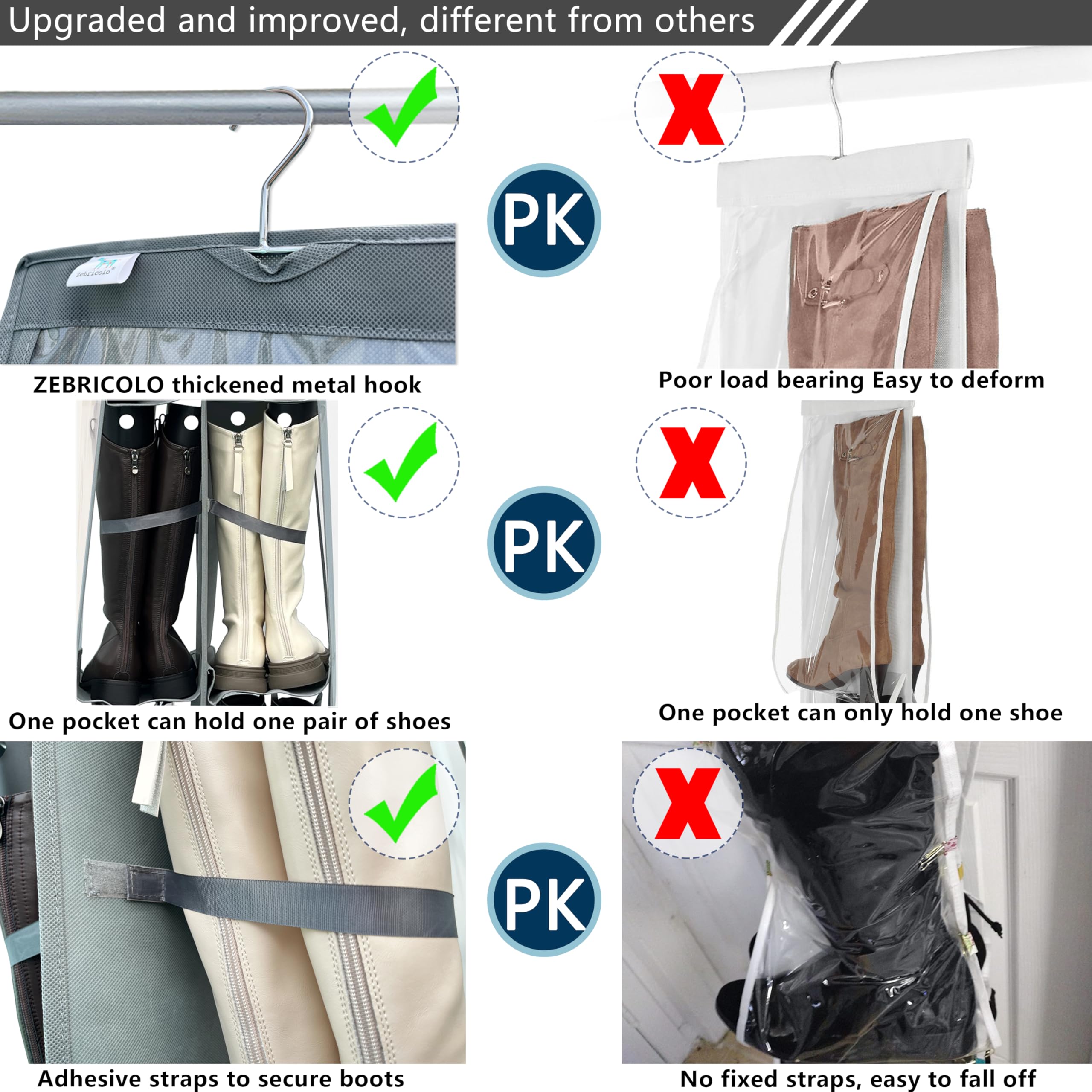 boot storage,You also get 12 pieces of boot shapers that will help keep your boots shapes,boot organizer,large to hold 6 pairs of tall boots with a Velcro strap to keep them from falling out