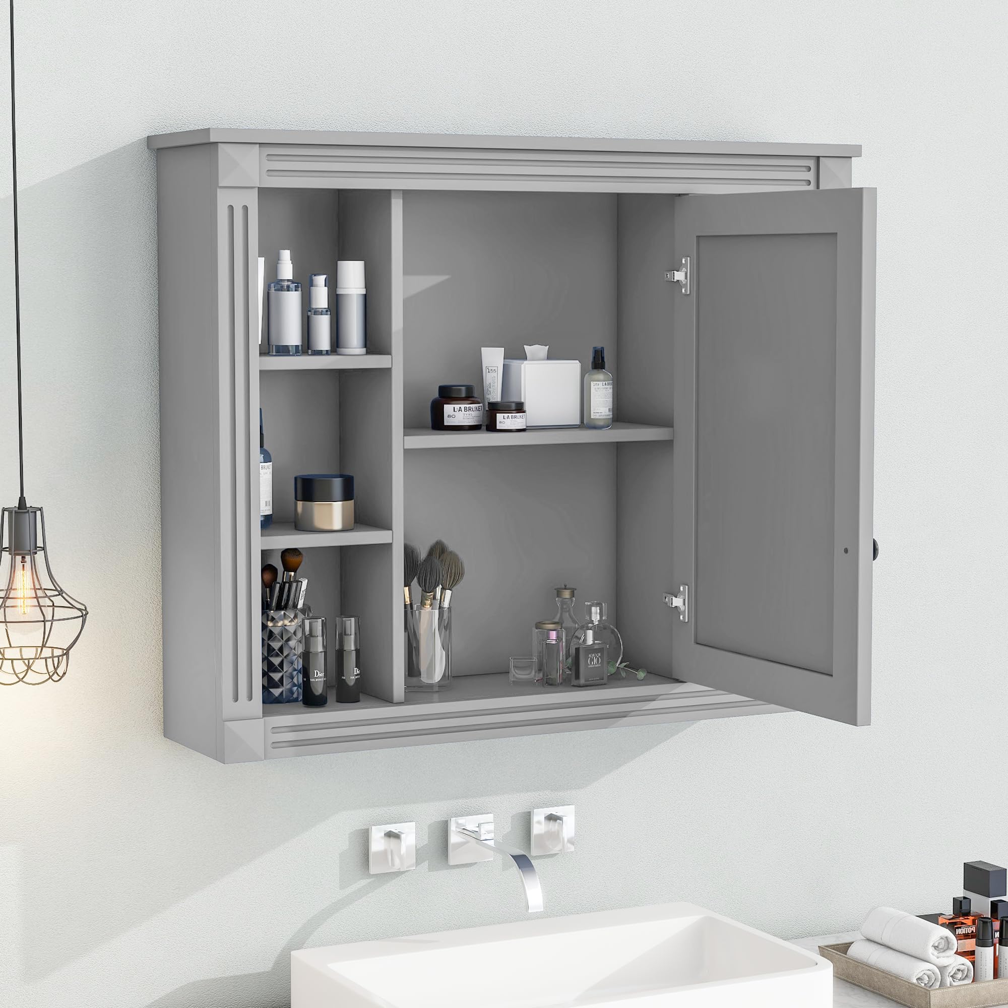 Linique 35" x 28" Wall Mounted Bathroom Storage Cabinet with Mirror,Modern Bathroom Wall Mirror Cabinet with 6 Open Shelves,Not Include Bathroom Vanity,Grey