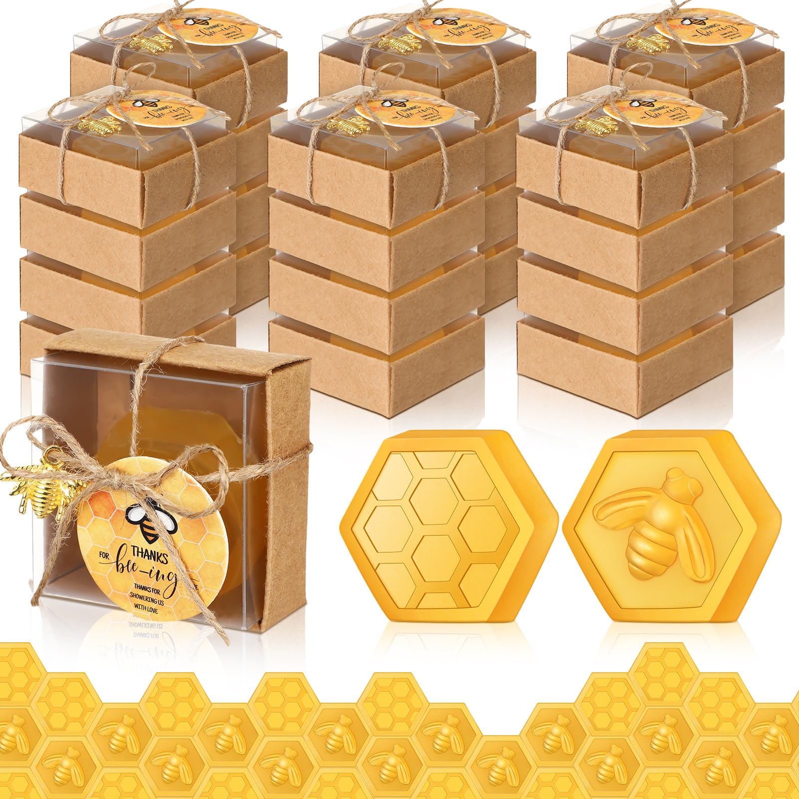 Dimsile 24 Set Baby Shower Bee Party Favors Honeycomb Bee Soap Handmade Scent Soaps with Gift Box Thank You Cards Bee Charms for Guest Gender Reveal Keepsake Wedding gifts Decorations (Transparent)