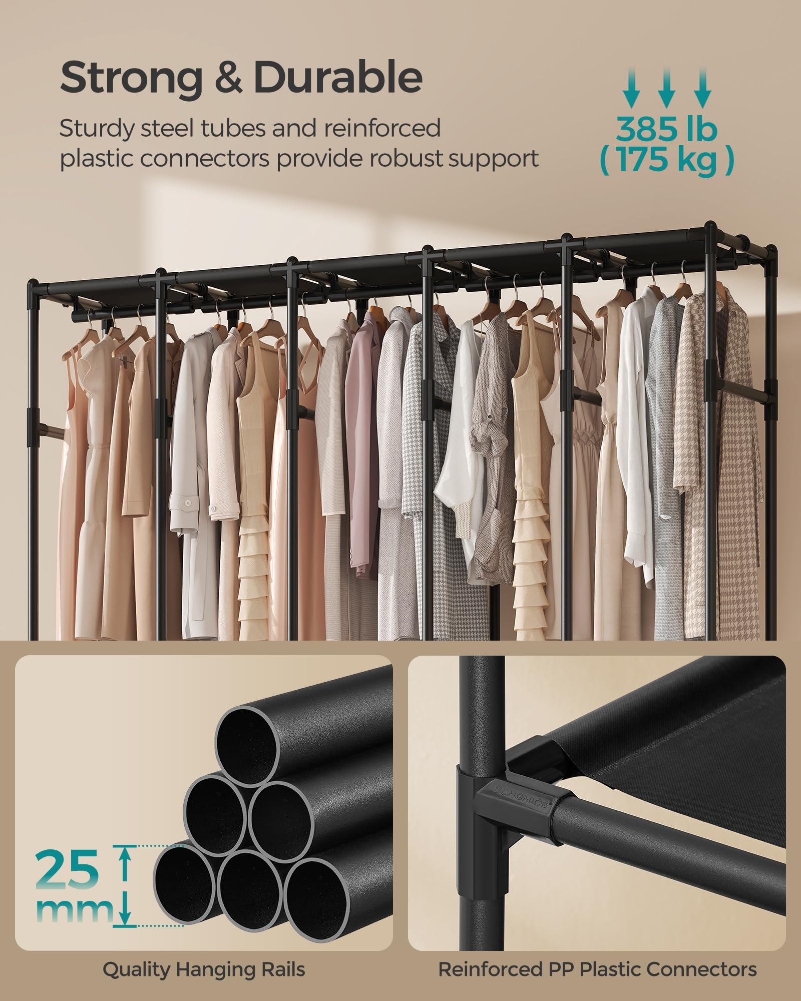 SONGMICS Wardrobe Closet, 83.5 Inch Large Capacity Portable Closet, Clothing Rack, 25 mm Dia,Thick Steel Tubes, Clothes Organizer with Fabric Cover, 5 Hanging Rails, 10 Shelves, Ink Black URDR095B01