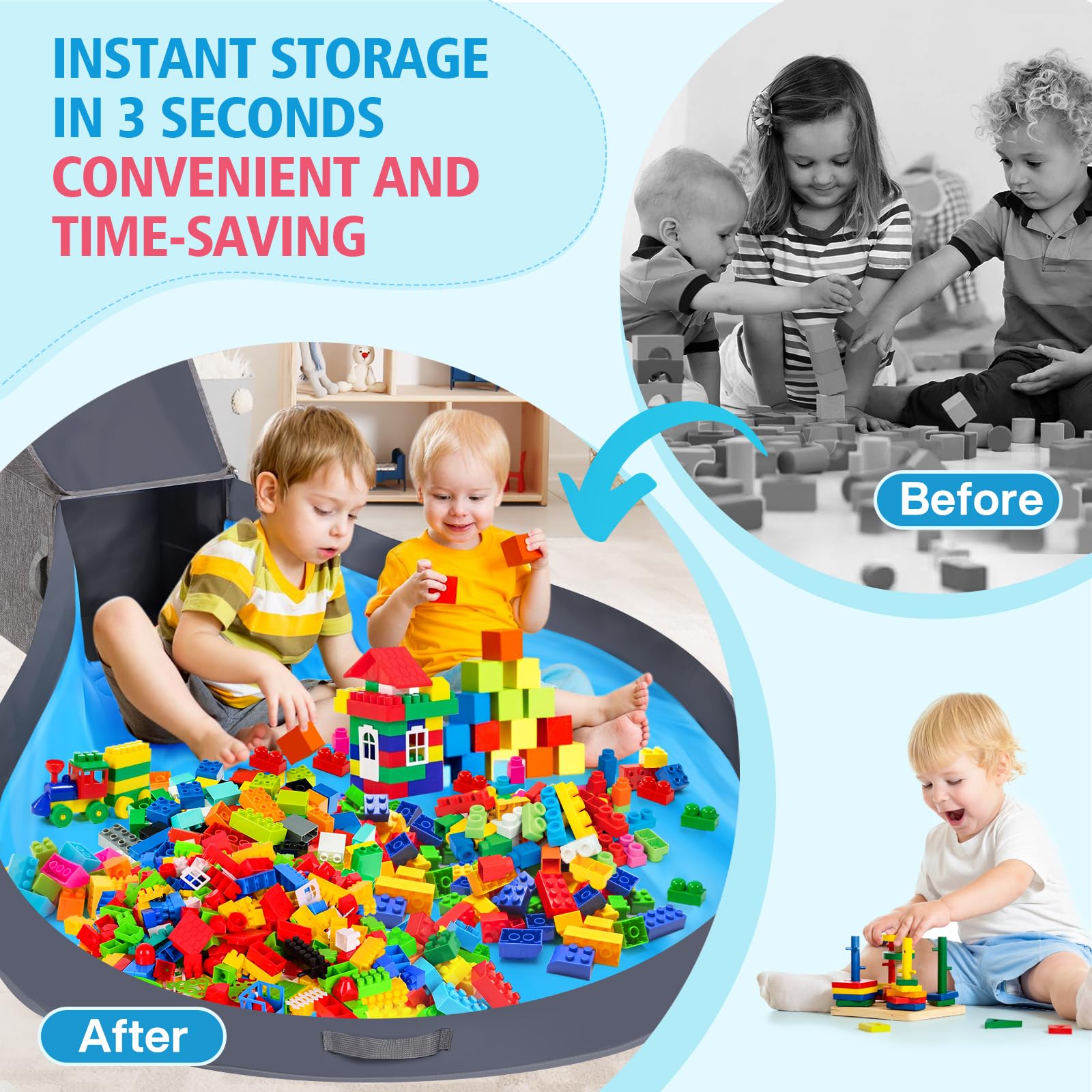 2-in-1 Toy Storage Organizer & Removable Play Mat 56"x 56”, Stackable Building Block Toys Organizers and Storage Bins for Kids, Playroom Storage, Living Room, Quick Clean up Toy 13" x 13" x 13"