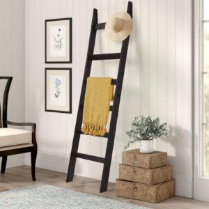 TEAKMAMA 6-Tier Blanket Ladder with Hooks, 5.4 Ft Wall Leaning Blanket Ladders for Living Room, Rustic Decorative Ladder for Blankets, Quilts, Farmhouse Decor Ladder Shelf, Easy to Assemble, Black