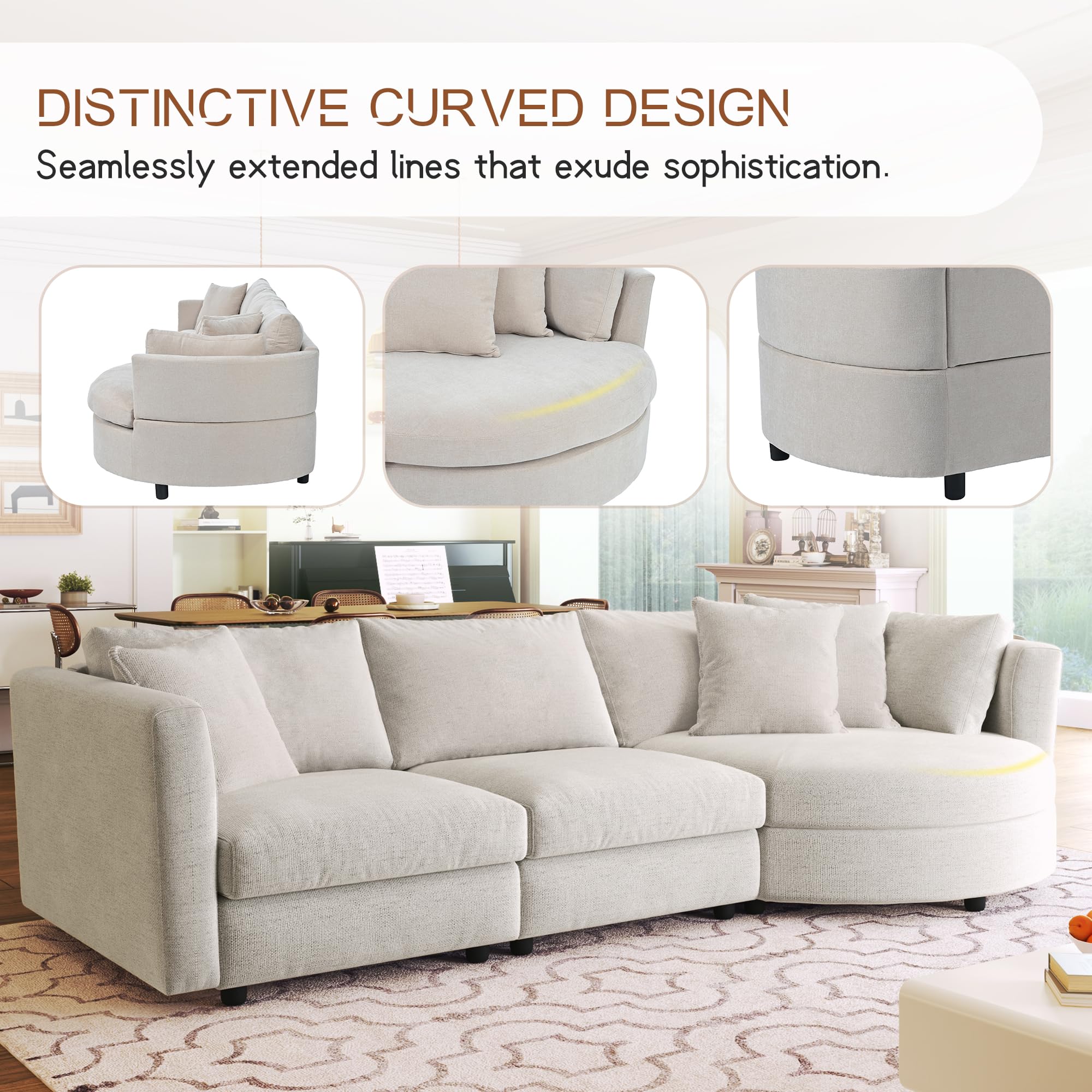 Tmsan 111.4" Curved Sectional Sofa Couch for Living Room, Modern Chenille Cloud Sofa Deep Seat 3 Seat Sofa Couch with 3 Pillows for Apartment Office