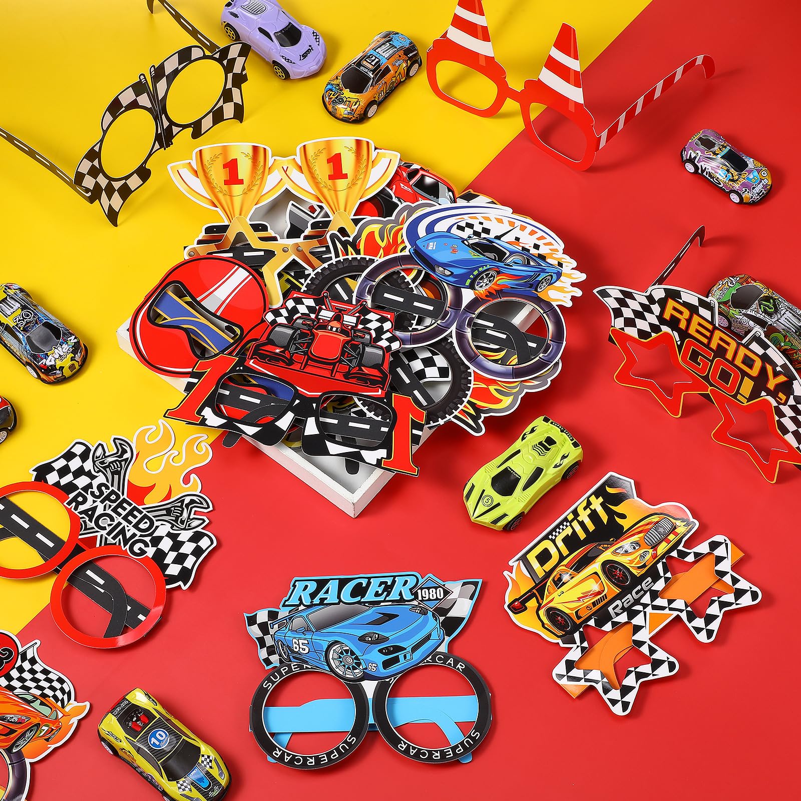 Herdear 32 Pcs Race Car Party Decorations Favor Racing Paper Glasses Frame Trunk Car Theme Eyeglasses Racing Car Party Favors for Boys Race Car Birthday Party Baby Shower Supplies Favors