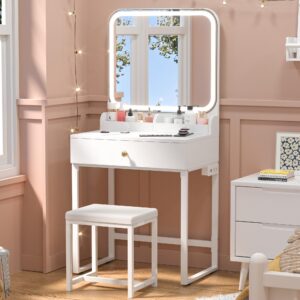 keonjinn white vanity mirror with lights, led makeup vanity desk with large drawer & 2 makeup trays & chair, 7000 lux vanity table with lighted mirror & power outlet, cri＞90 vanity set for bathroom