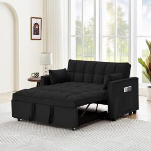 tmsan 55.2" loveseat pull out couch, 3 in 1 velvet convertible sleeper sofa bed for living room, small love seat futon sofa bed with reclining backrest, toss pillows, side pockets for small spaces