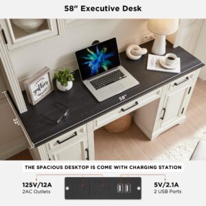 JXQTLINGMU Farmhouse 76" Height Computer Desk with Hutch, Office Desk with Charging Station, Drawers and Storage Cabinet, Workstation for Office Home, Off White