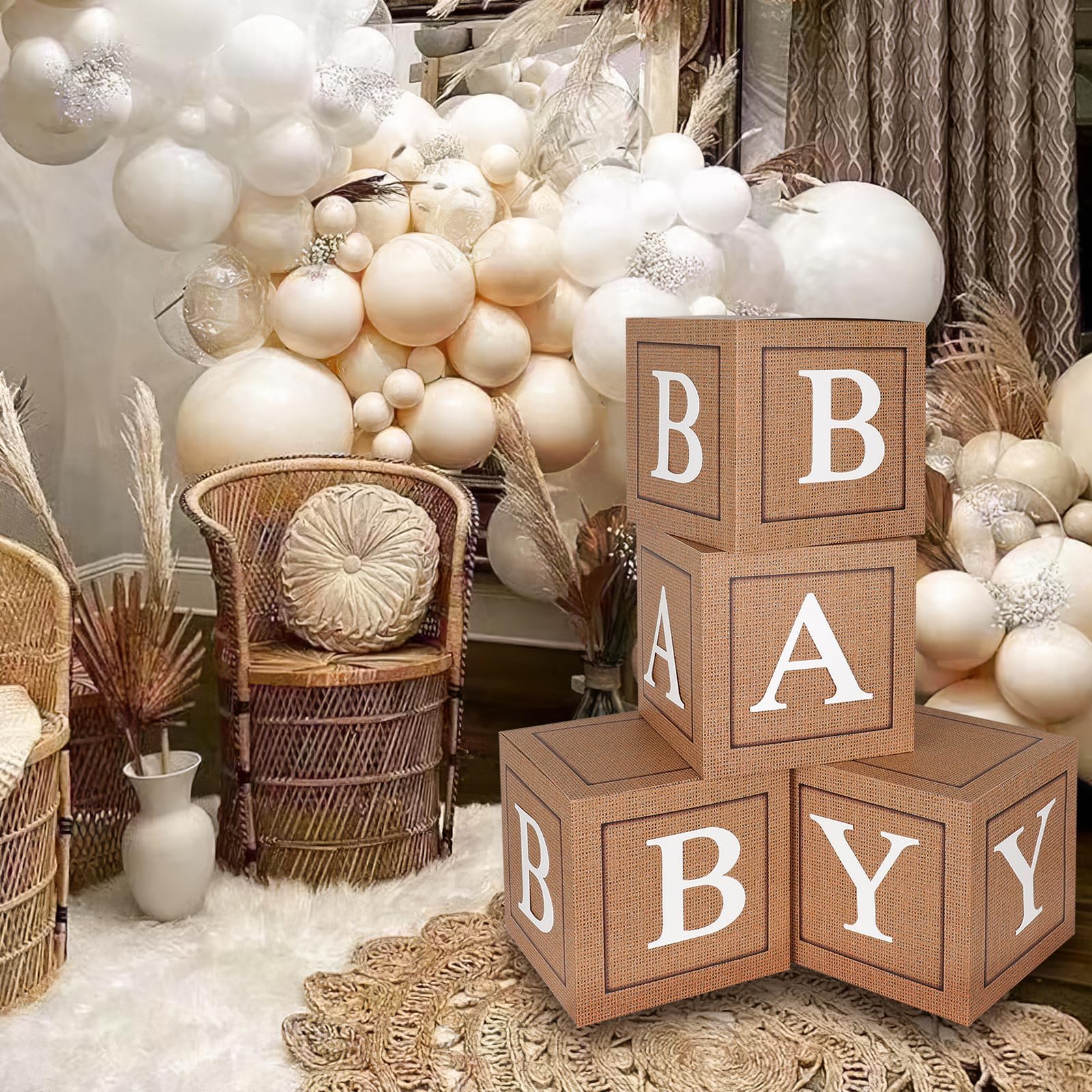 Keencopper Burlap Print Baby Boxes with Letters for Baby Shower, 4pcs Rustic Theme Boho Balloon Boxes Blocks Gender Neutral Baby Shower Decorations for Birthday Gender Reveal Backdrop