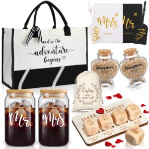 sunnychicc 16 pcs wedding gifts for couple mr mrs honeymoon gifts christmas bride groom gifts engagement gifts include glass date night dice passport holder baggage tags and jar tote bag(mr and mrs)