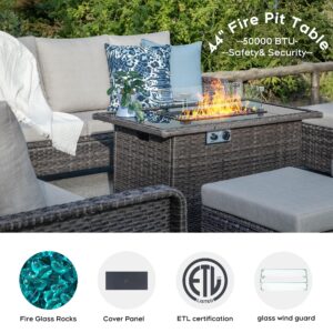 Outdoor Patio Furniture Set with 44" Gas Fire Pit Table - PE Wicker Patio Conversation Sets Cushioned Seat Couch - 7 Seats Outdoor Sectional Chair Sofa Set for Yard Garden Porch(6Pcs, Beige)