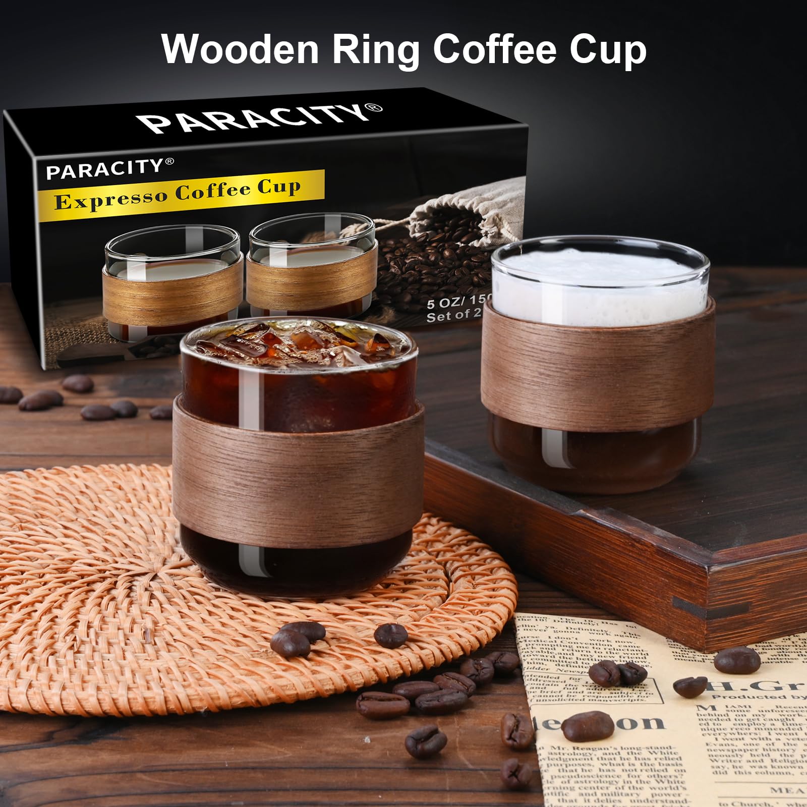 PARACITY Espresso Cups Set of 2 with Wooden Ring, 5 OZ High Borosilicate Espresso Shot Glass, Clear Small Expresso Shots Cup, Espresso Accessories