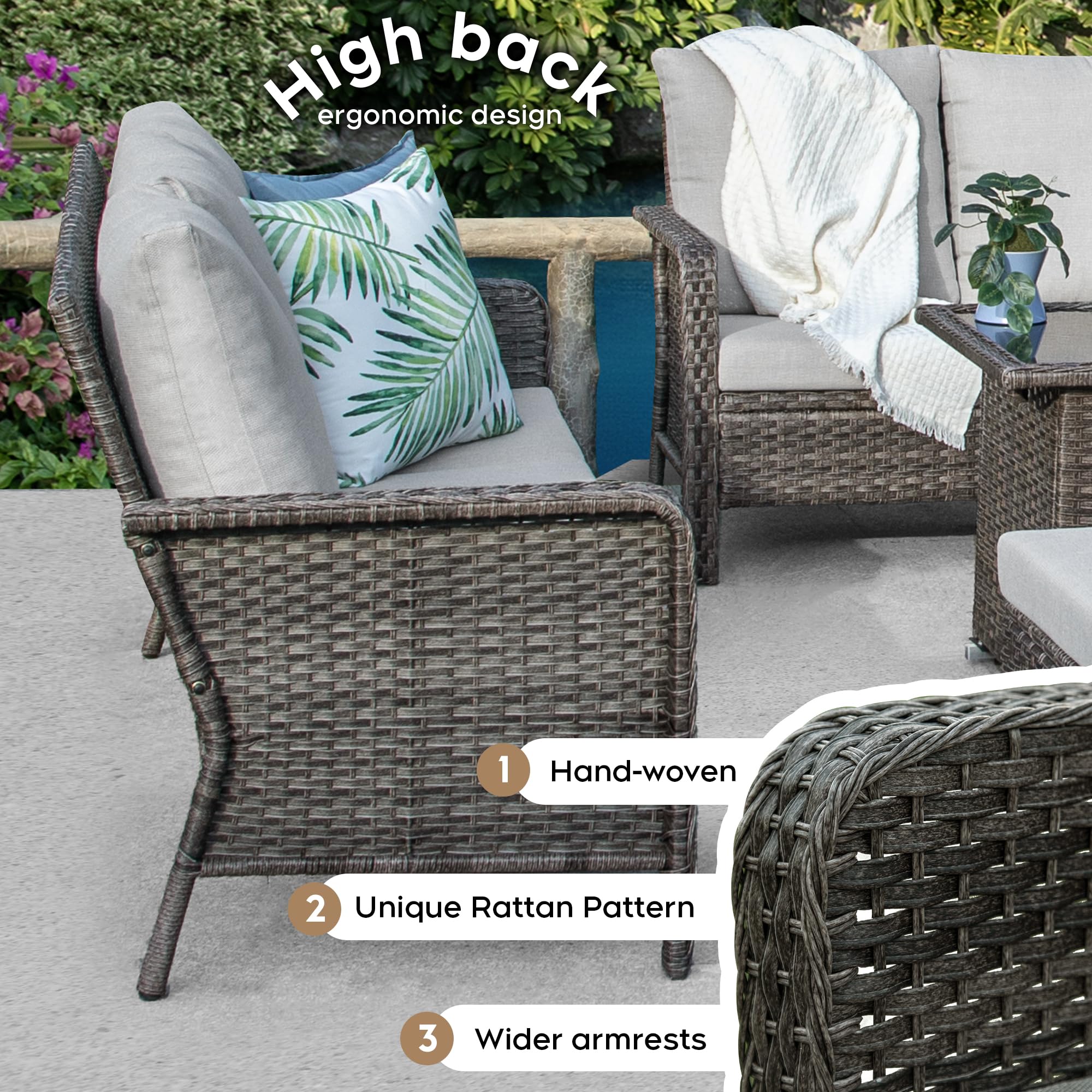 Outdoor Patio Furniture Set with 44" Gas Fire Pit Table - PE Wicker Patio Conversation Sets Cushioned Seat Couch - 7 Seats Outdoor Sectional Chair Sofa Set for Yard Garden Porch(6Pcs, Beige)