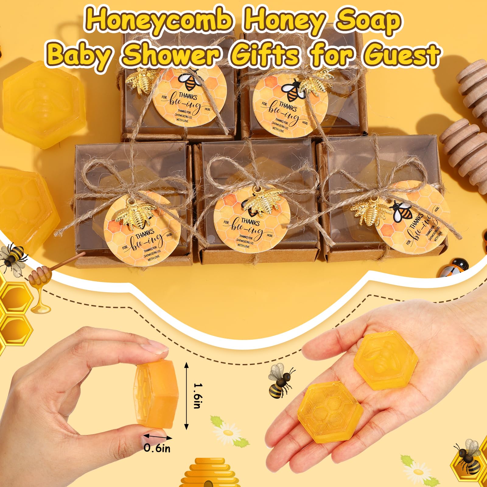 Dimsile 24 Set Baby Shower Bee Party Favors Honeycomb Bee Soap Handmade Scent Soaps with Gift Box Thank You Cards Bee Charms for Guest Gender Reveal Keepsake Wedding gifts Decorations (Transparent)