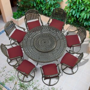 VIVIJASON 9-Piece Outdoor Furniture Dining Set, Rust-Free Cast Aluminum Patio Conversation Set, Include 8 Swivel Dining Chairs & 61" Round Dining Table with 31" Lazy Susan, Umbrella Hole, Red