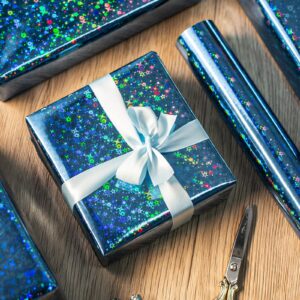 Merture 17 In X 32.8 Ft (46.5 sq.ft.) Holographic Space Wrapping Paper Roll, Blue Gift Wrap with Shining Galaxy Design for Birthday, Christmas, Father's Day, Halloween