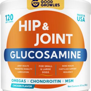 GOODGROWLIES Mobility Glucosamine Treats for Dogs - Advanced Hip & Joint Supplement w/Omega-3, Chondroitin, MSM - Made in USA - Joint Pain Relief - Hip & Joint Care - 120ct