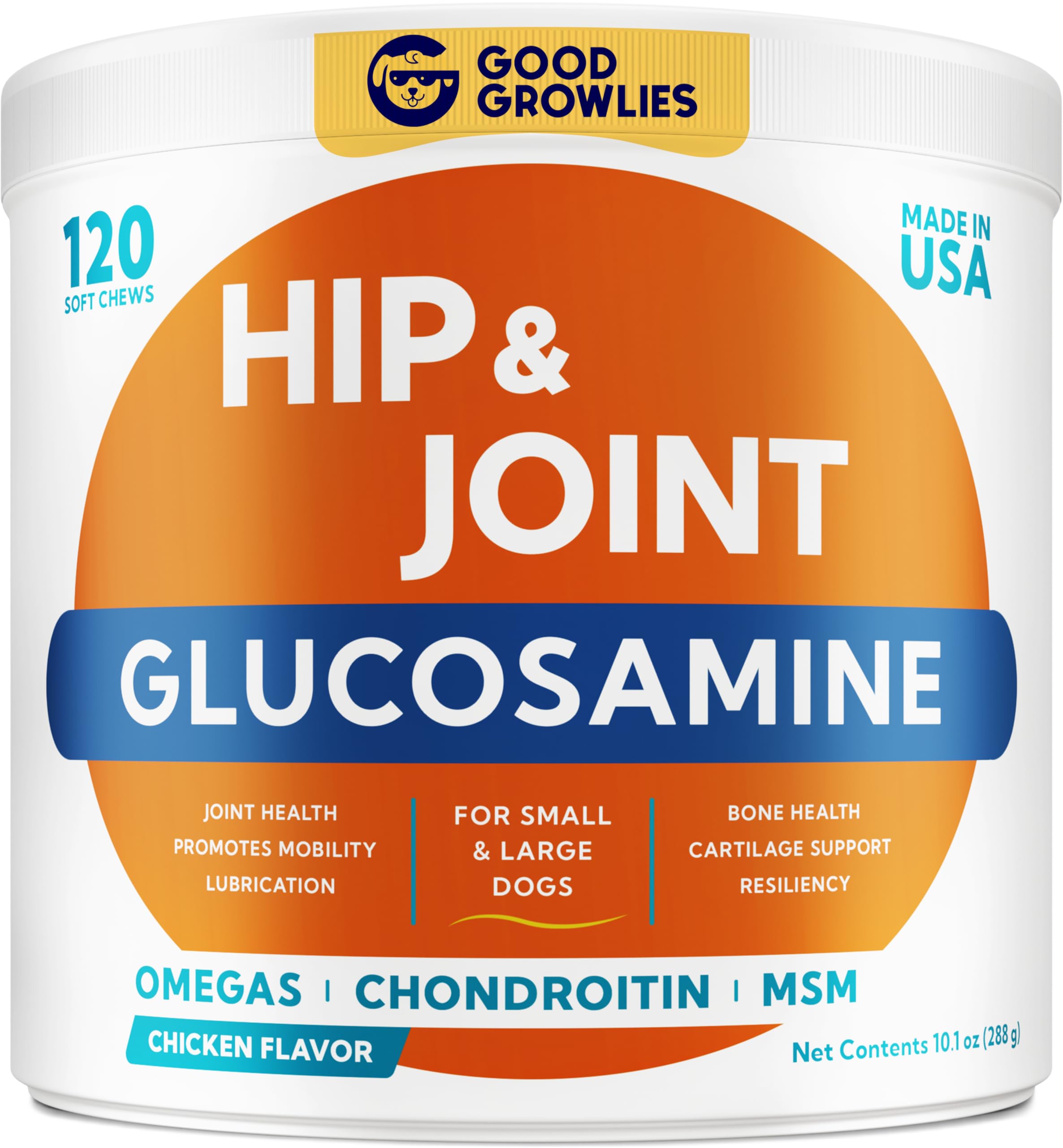 GOODGROWLIES Mobility Glucosamine Treats for Dogs - Advanced Hip & Joint Supplement w/Omega-3, Chondroitin, MSM - Made in USA - Joint Pain Relief - Hip & Joint Care - 120ct