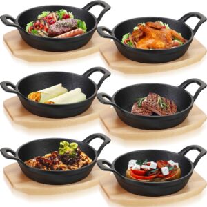 nuogo 6 sets mini cast iron skillet mini cast iron plates skillet with wooden base small round cast iron pan fajita cast iron plate cast iron pot for cooking christmas party(6.3 inches)