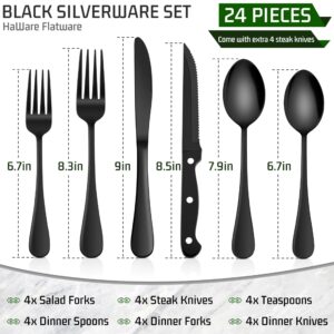 HaWare 24-Piece Black Silverware Set with Steak Knives, Stainless Steel Cutlery Set, Food Grade Flatware Set Service for 4, Mirror Finished Tableware for Home Restaurant, Include Knives, Forks, Spoons