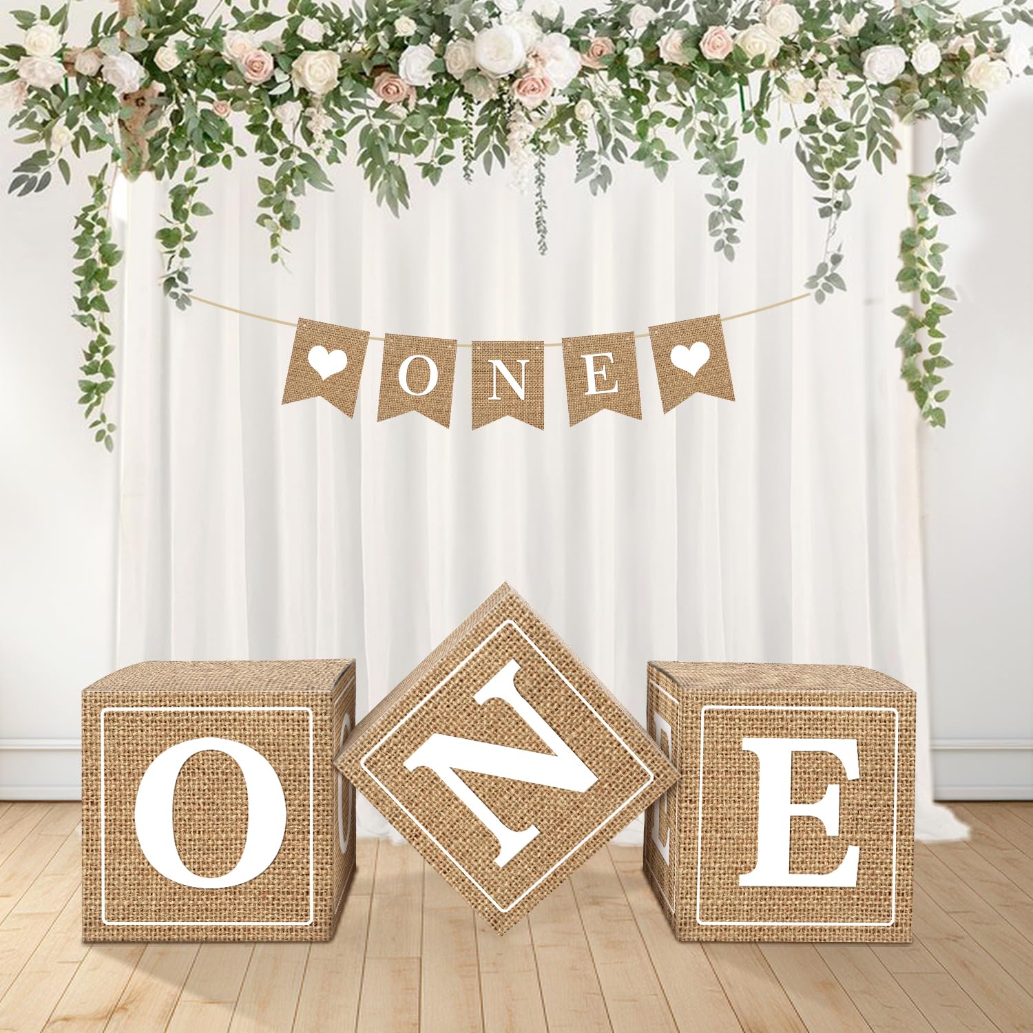 Neutral Burlap Print ONE Boxes for 1st First Birthday Decorations, Large 3Pcs Rustic Boho ONE Sign Boxes with Letters and ONE High Chair Banner