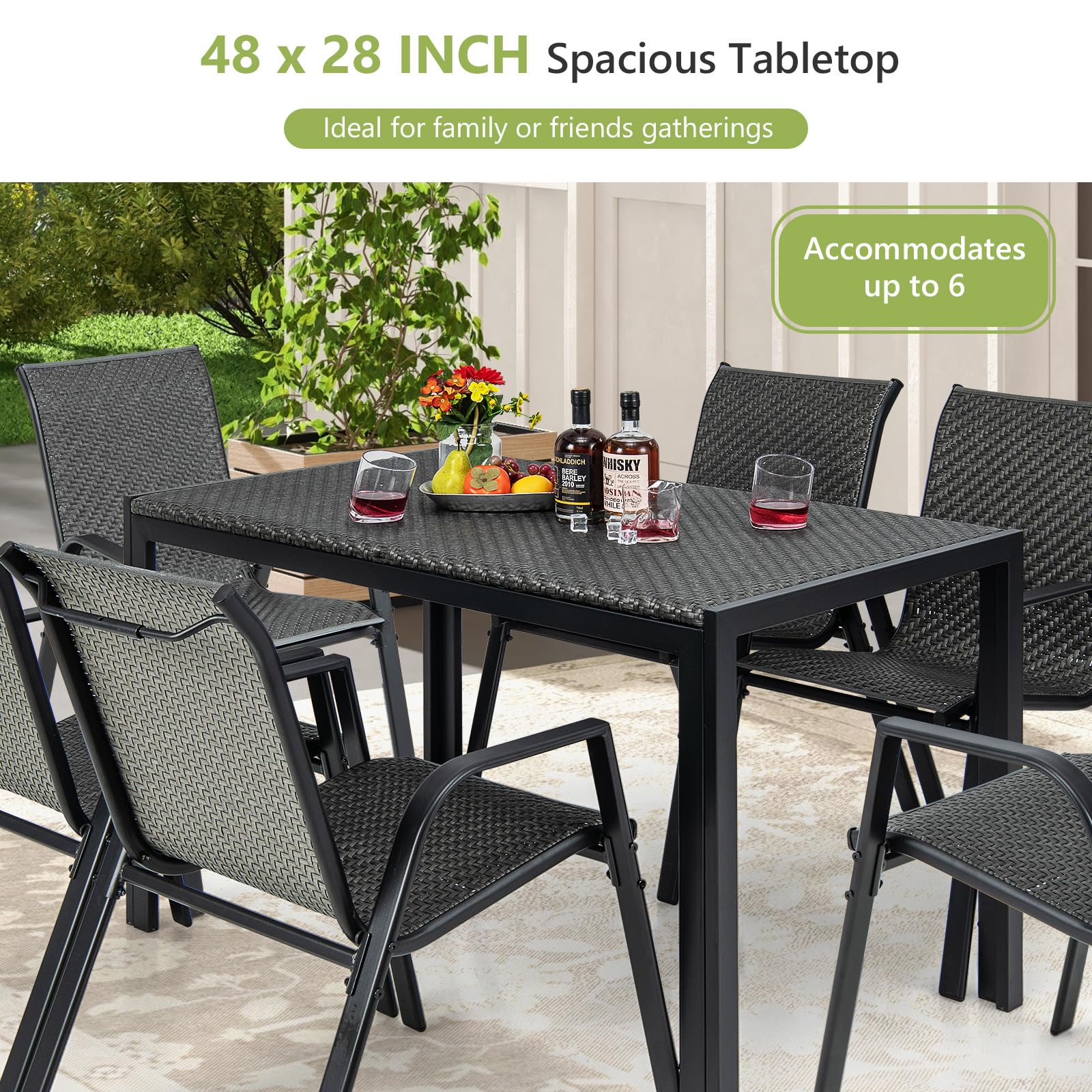 HAPPYGRILL Wicker Patio Dining Table for 6, 48 Inch Patio Rectangular Rattan Table with Heavy-Duty Metal Frame, Wicker Furniture Dining Table Patio Table for Backyard, Front Porch