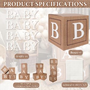 Keencopper Burlap Print Baby Boxes with Letters for Baby Shower, 4pcs Rustic Theme Boho Balloon Boxes Blocks Gender Neutral Baby Shower Decorations for Birthday Gender Reveal Backdrop