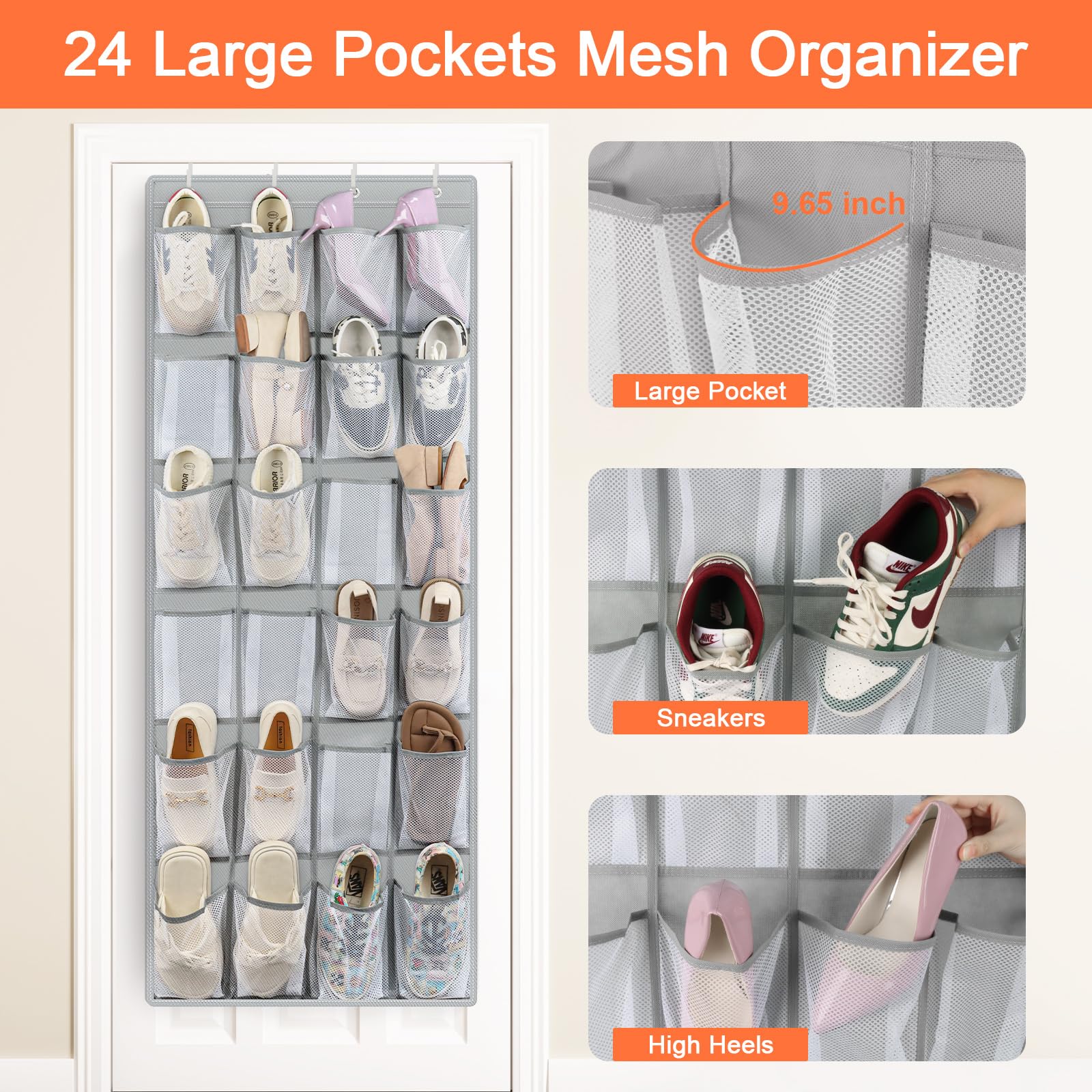 FENTEC 24 Pockets Over the Door Shoe Organizer Hanging Shoe Organizer for Closet, Space Saving Mesh Large Pocket Shoe Storage and Organizer, Shoe Holder for Apartments Garages, Grey 1 Pack