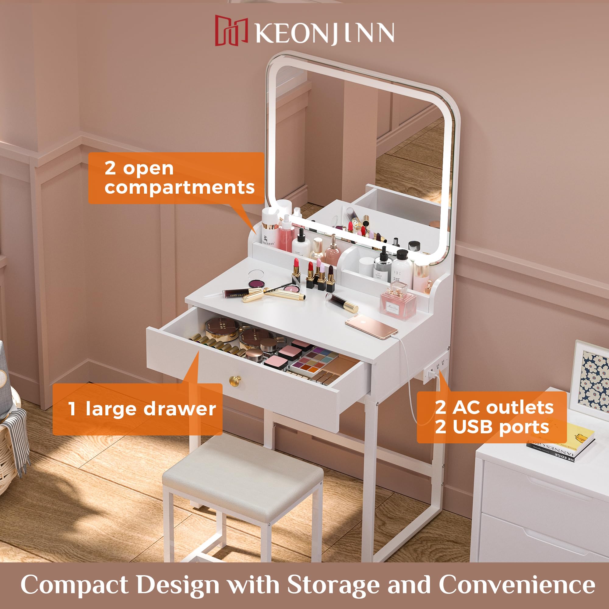 Keonjinn White Vanity Mirror with Lights, LED Makeup Vanity Desk with Large Drawer & 2 Makeup Trays & Chair, 7000 Lux Vanity Table with Lighted Mirror & Power Outlet, CRI＞90 Vanity Set for Bathroom