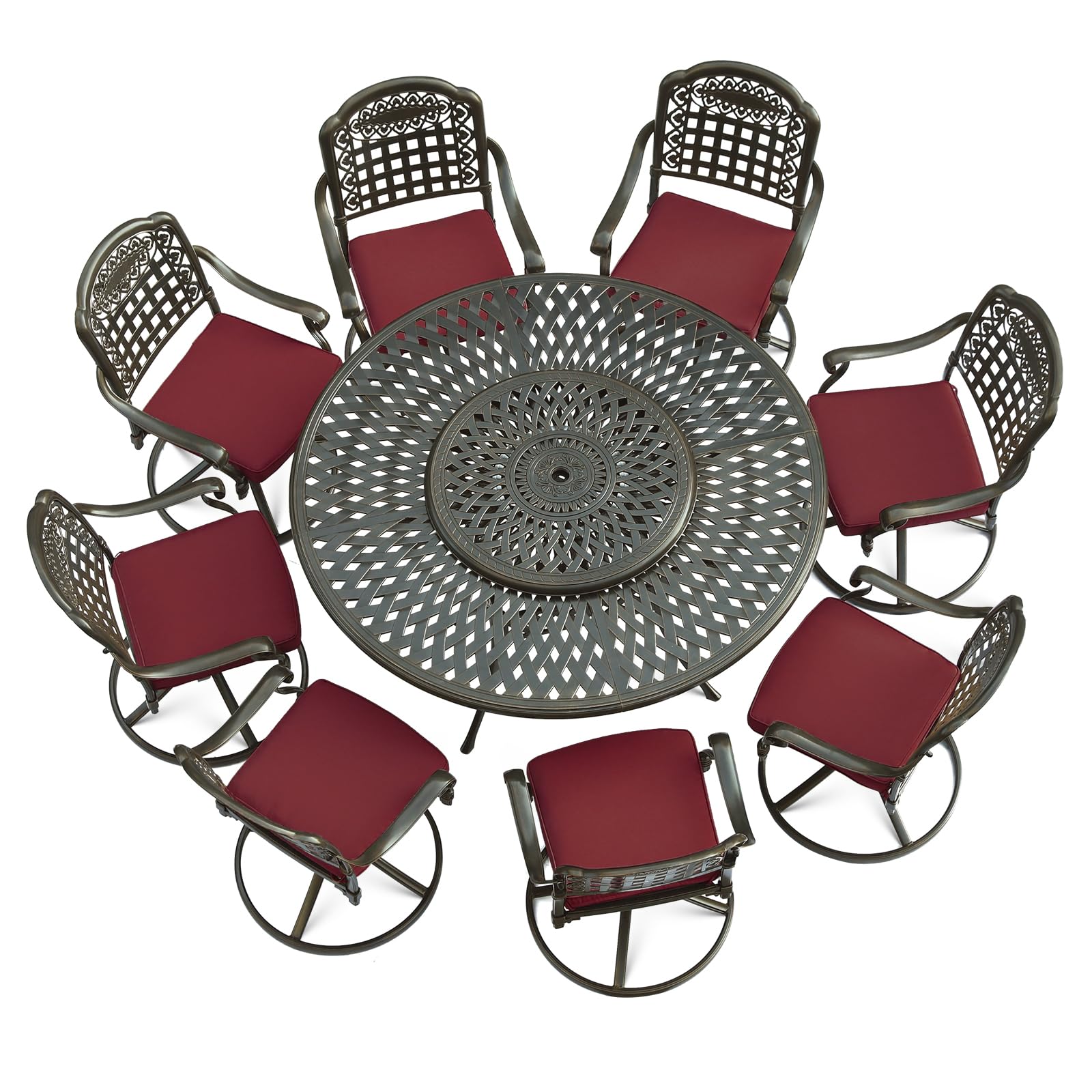 VIVIJASON 9-Piece Outdoor Furniture Dining Set, Rust-Free Cast Aluminum Patio Conversation Set, Include 8 Swivel Dining Chairs & 61" Round Dining Table with 31" Lazy Susan, Umbrella Hole, Red