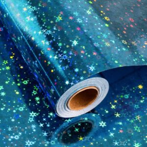 merture 17 in x 32.8 ft (46.5 sq.ft.) holographic space wrapping paper roll, blue gift wrap with shining galaxy design for birthday, christmas, father's day, halloween