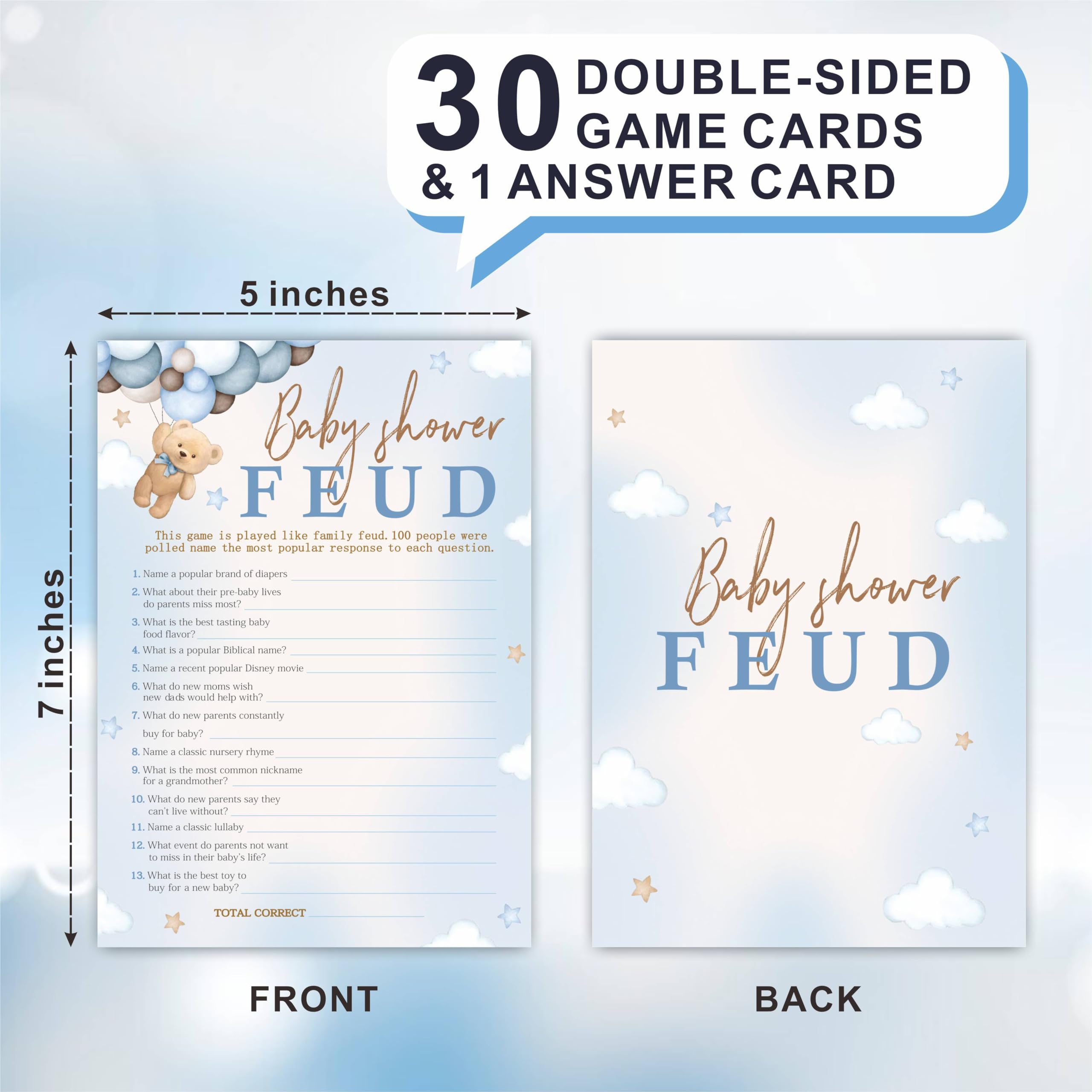 30 Baby Shower Feud Game - 5"X7" Bear & Balloons Double-Sided Fill In Game Cards & 1 Answer Cards, Gender Reveal Party & Activity For Boys And Girls - Baby Shower Party Favors & Decorations - A08