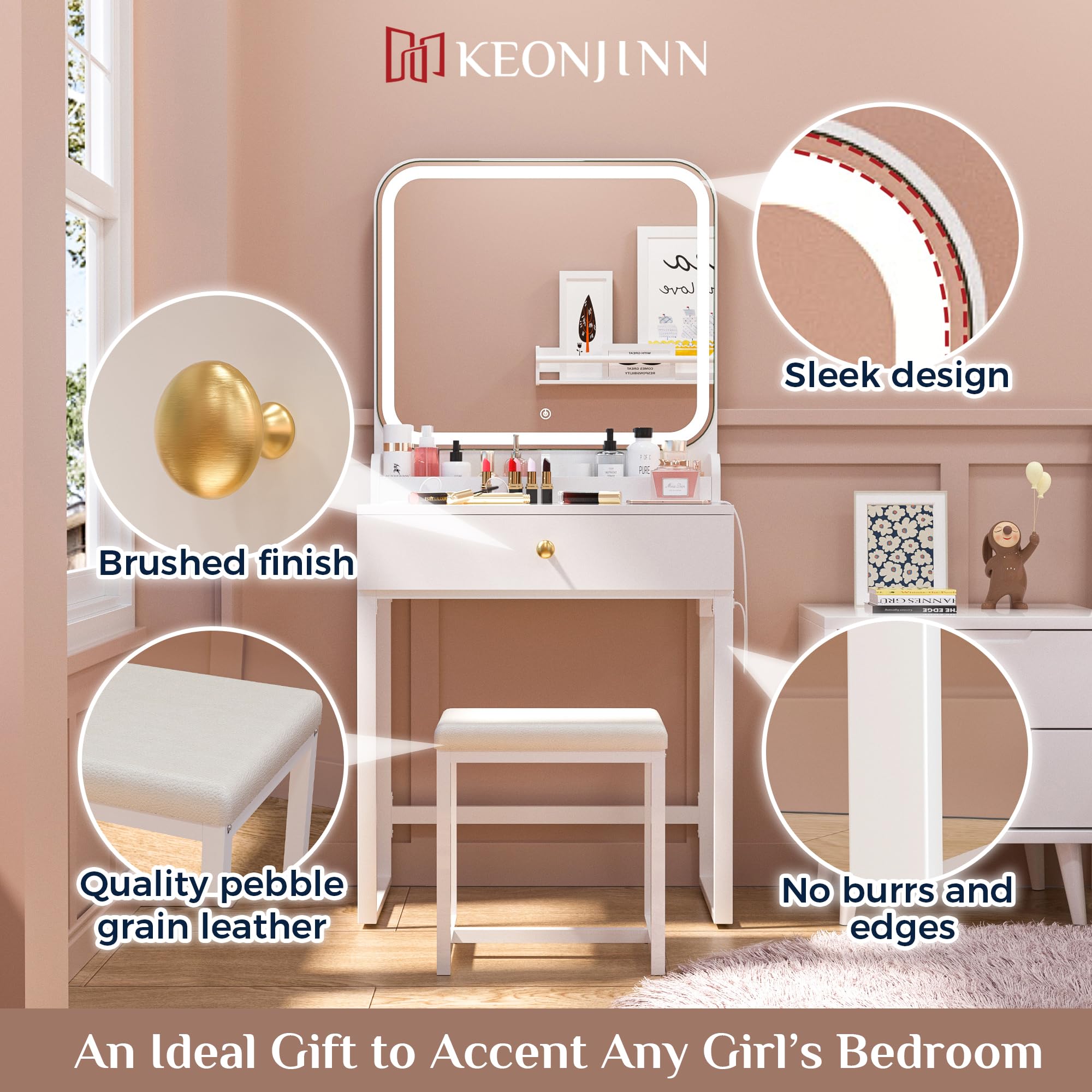 Keonjinn White Vanity Mirror with Lights, LED Makeup Vanity Desk with Large Drawer & 2 Makeup Trays & Chair, 7000 Lux Vanity Table with Lighted Mirror & Power Outlet, CRI＞90 Vanity Set for Bathroom